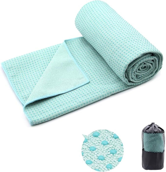 Eunzel Yoga Towel,Hot Yoga Mat Towel with Grip Dots Sweat Absorbent Non-Slip for Hot Yoga, Pilates and Workout 24" x72", Teal-FlexoryFit