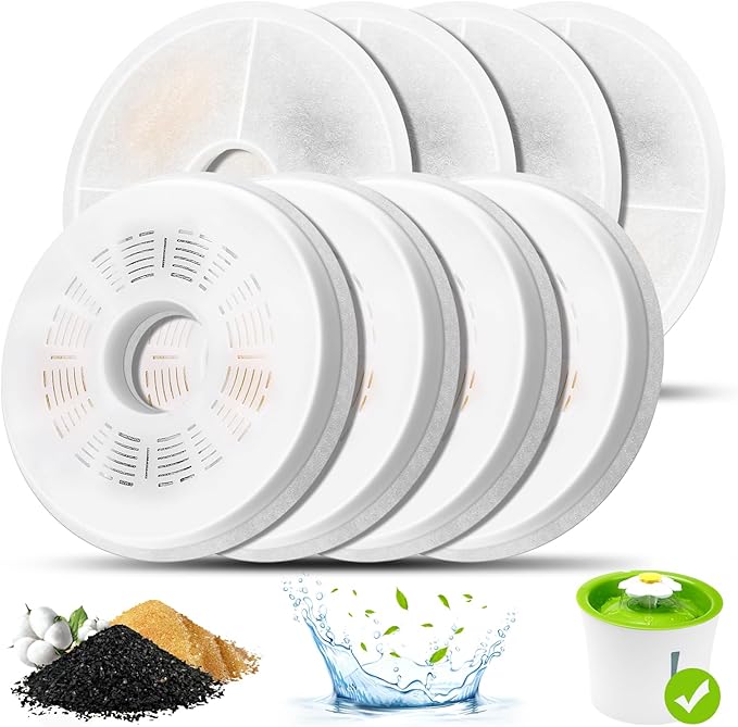 Cat Water Fountain Filters, 8 Pack Triple Action Water Fountain Filters, Replacement Cat Drinking Fountain Filters, Activated Carbon Filter Compatible with 3L Flower Pet Water Dispenser Fountain