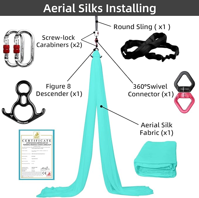 PRIOR FITNESS Aerial Silks Kit Colorful 9/15/20 Yards 40D Nylon Fabric Hammock Set With Hardware & Guide for All Levels Of Aerial Yoga Practice and Acrobatic Flying For Adults Aerial silk-FlexoryFit