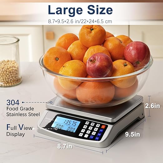 110lb Food Scale, Commercial Kitchen Scale with Price Computing, Plug-in Usable, 0.05oz/1g, 304 Stainless Steel, for Cooking, Vegetables, Farm, Industry, Counting. LC300-FlexoryFit