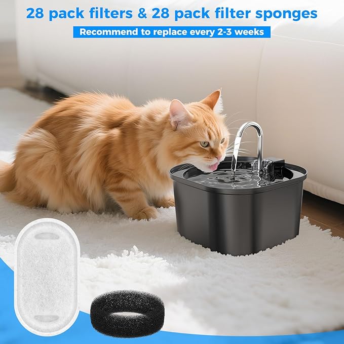 28+28 Pack Pet Water Fountain Filters, Cat Water Fountain Filters Replacement for Dog/Cat Fountain Stainless Steel 108oz/3.2L& 67oz/2L, 14 Months Set to Keep Drinking Fresh