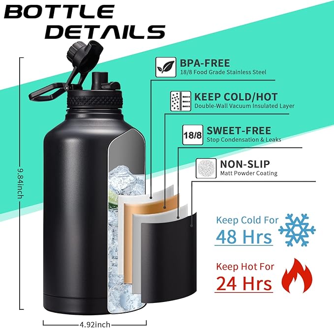 Insulated Water Bottle 64oz - w/Paracord Handle, Straw & Spout Lids, Carrier Bag, Half Gallon Sport Stainless Steel Water Flask Jug, Thermo Mug Double-wall Vacuum Water Bottle-FlexoryFit