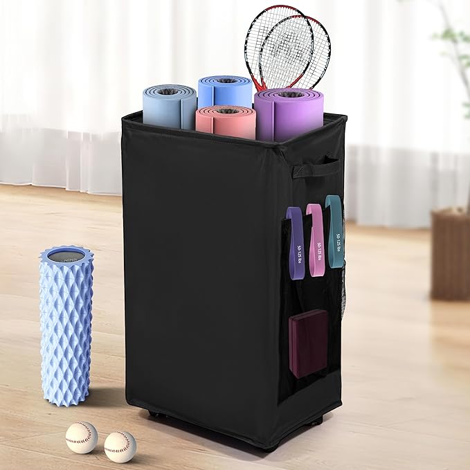 Yoga Mat Storage Racks, Home Gym Storage Rack with Wheels, Yoga Mat Holder Side 2 Mesh Pockets, Yoga Storage Basket Holds 4 Yoga Mats, 2 Foam Rollers, 6 Resistance Bands-FlexoryFit