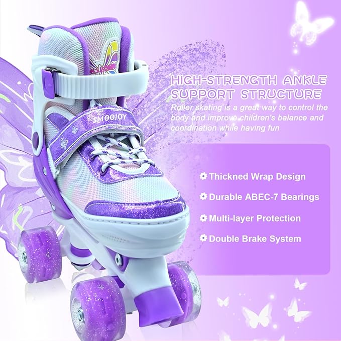 Kids Roller Skates for Girls-Outdoor 4 Size Adjustable Butterfly Quad Rollerskates for Indoor Ages 3-12 Years Beginners Children's Birthday Gift with Light Up Wheels patines para niñas Indoor-FlexoryFit