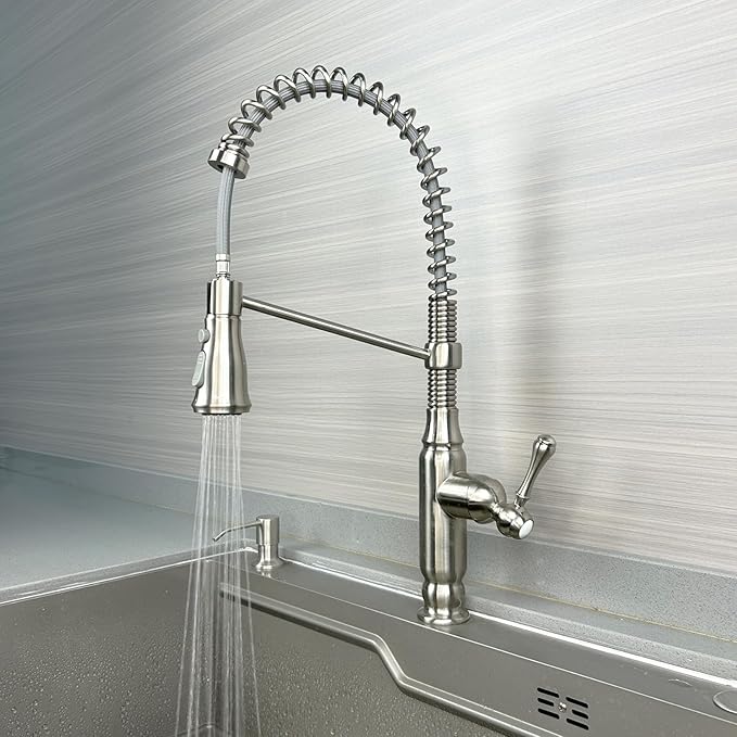 Kitchen Faucet Brushed Nickel, High Arc Spring Single Handle Brass Body 3-Function Kitchen Sink Faucet for Farmhouse Laundry Commercial Modern RV Bar Faucet Kitchen