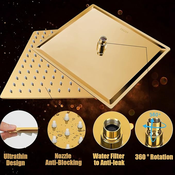 Shower Head, 8" High Pressure Rain shower head with Handheld Spray Combo, 6 Settings Handheld with 78" Anti-leak Hose, 11" Adjustable Extension Arm, Ultra Thin Water Saving, Gold, AWAXFOLO