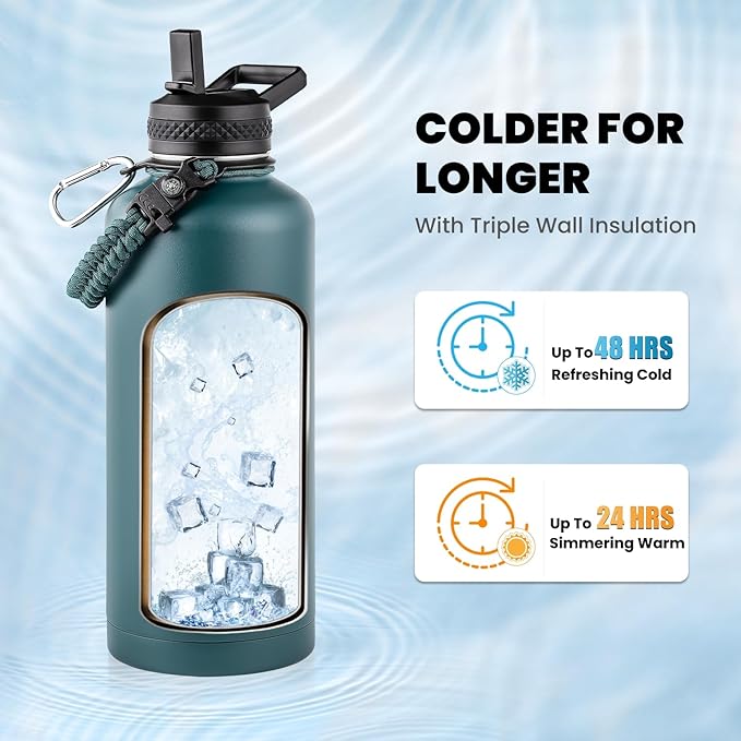 Insulated Water Bottle 87 oz, Triple Wall Vacuum Stainless Steel (Cold for 48 Hrs), Leak Proof & Non-BPA, Modern Water Flask Jug with Paracord Handle & Straw Spout Lids, Dark Green-FlexoryFit