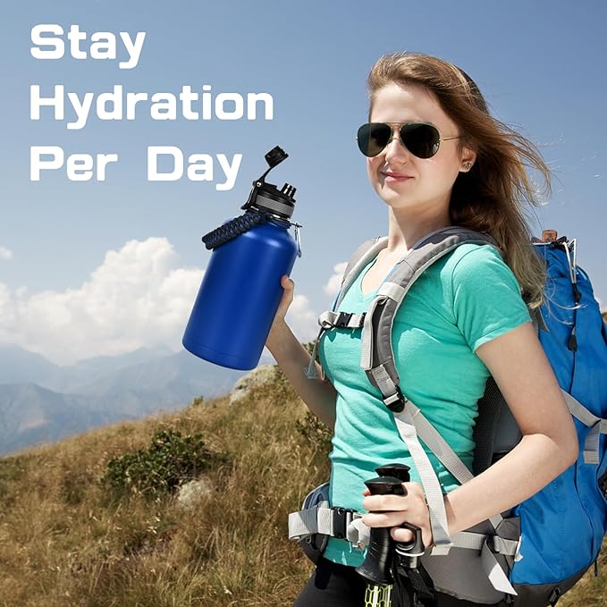 Insulated Water Bottle 64 oz, Half Gallon Water Jug Cold 48H, BPA Free Stainless Steel Bottles with Straw/Chug 2-in-1 Lid, Bag, Paracord Handle, Silicone Boot, Sports Gym School Metal Flask-FlexoryFit