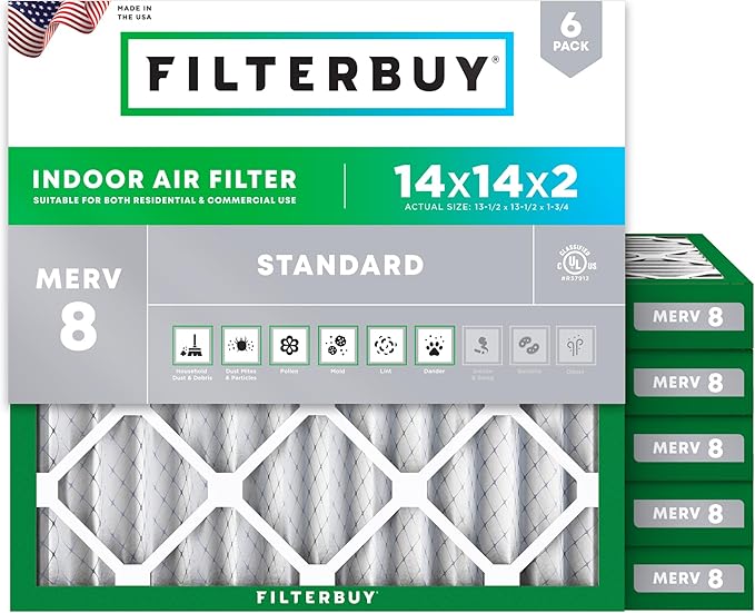 Filterbuy 14x14x2 Air Filter MERV 8 (MPR 700) Dust Defense Replacement (6-Pack), Electrostatic Pleated HVAC AC Furnace Filters, Made in USA (Actual Size: 13.50 x 13.50 x 1.75)