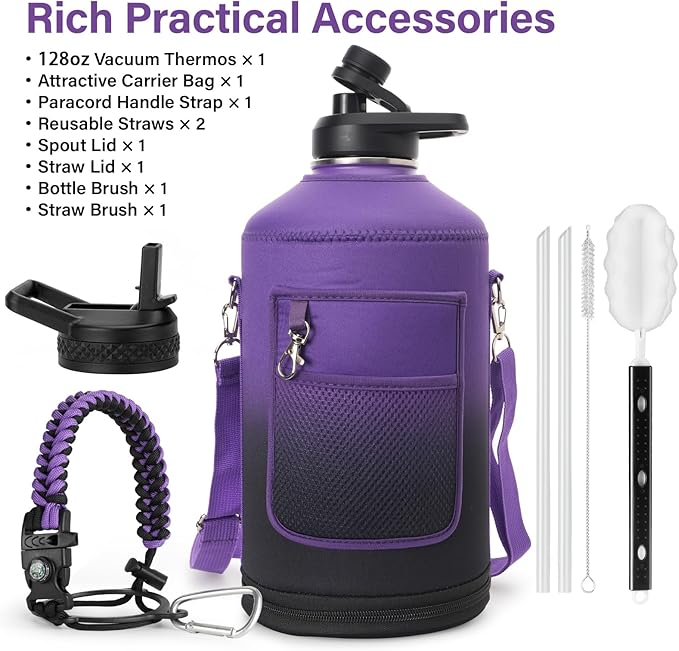 1 Gallon Water Bottle Insulated | Thickened Stainless Steel Vacuum Metal Water Jug | Portable Sports Large for Gym and Hiking with Straw, Carrier Bag, Handle Strap | BPA-Free 128 oz-FlexoryFit