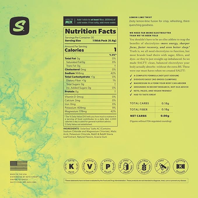Keto Chow SALTT Electrolytes Powder Packets, Lemon Lime Twist (30 Hydration Packets) - Magnesium, Potassium, Sodium, Trace Minerals - Vegan, Sugar & Gluten Free - Travel Essentials - Made in USA-FlexoryFit