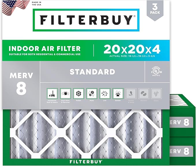 Filterbuy 20x20x4 Air Filter MERV 8 (MPR 700) Dust Defense Replacement (3-Pack), Electrostatic Pleated HVAC AC Furnace Filters, Made in USA (Actual Size: 19.50 x 19.50 x 3.63)