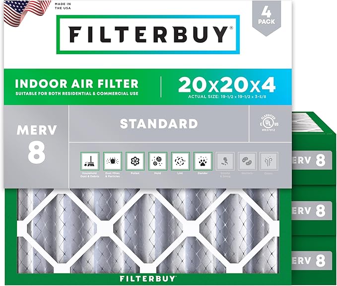 Filterbuy 20x20x4 Air Filter MERV 8 (MPR 700) Dust Defense Replacement (4-Pack), Electrostatic Pleated HVAC AC Furnace Filters, Made in USA (Actual Size: 19.50 x 19.50 x 3.63)