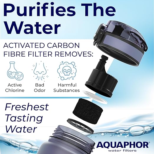 Nakii Filtered Water Bottle, Leakproof, BPA-Free, Motivational Markings, Travel, Everyday Use. 40-Gallon Filter, Replaces 300 Plastic Water Bottles. Includes 1 Filter, 34 FL Oz, Grey by Aquaphor