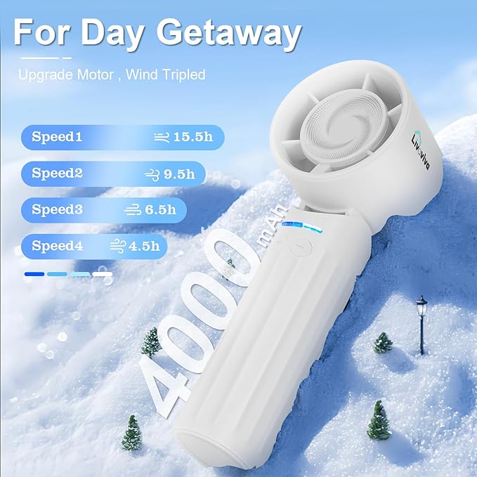 Handheld fan, adjustable blowing angle, mini portable turbo fan, USB Type-C rechargeable, infinitely variable speed high-speed personal fan, 11 Hours Battery Life (White)