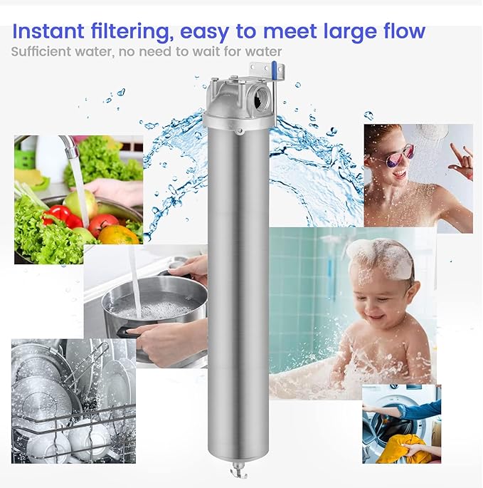 Amwater NSF/ANSI 42 Stainless Steel Whole House Water Filter Housing, 20" x 2.5" Sediment Water Filter System for Heavy Duty, Well & City Water, 3/4" NPT Port, Drain Valve Style A