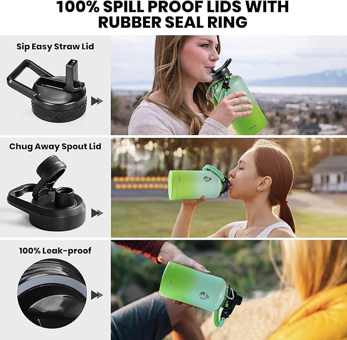 Insulated Water Bottle 64 oz, Triple Wall Vacuum Stainless Steel (Cold for 48 Hrs), Leak Proof & Non-BPA, Half Gallon Water Flask Jug with Paracord Handle & Straw Spout Lids-FlexoryFit