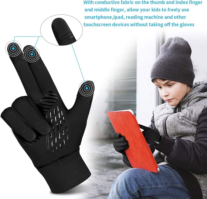 Kids Winter Gloves Back Water Repellent Touchscreen Warm Fleece Anti-slip for Boys Girls Teen 3-15 Years-FlexoryFit