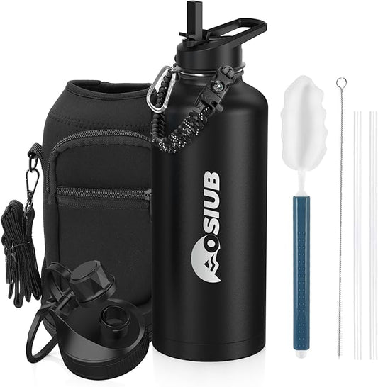 Insulated Water Bottle 87 oz, Triple Wall Vacuum Stainless Steel(Cold for 48 Hrs),Leak Proof & BPA-Free,Half Gallon Water Bottle with Reflective Paracord & Flip Straw for Sports & Travel, Black-FlexoryFit