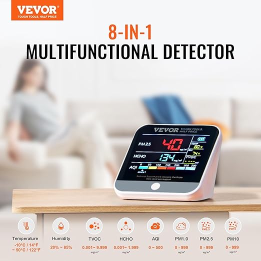 VEVOR Mini Air Quality Monitor 8-in-1, Professional PM2.5 PM10 PM1.0 Particle Counter, Formaldehyde, Temperature, Humidity, TVOC AQI Tester for Indoor/Outdoor, Air Quality Meter w/Alarm Thresholds