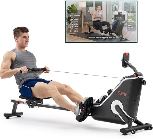 Sunny Health & Fitness Flip & Foldable Rowing Machine for Home w/Extended Slide Rail, Full-Body Workout, Low-Impact, Optional Extra Long Rail, Quiet Rail Cover, Water Motion and Free SunnyFit App-FlexoryFit