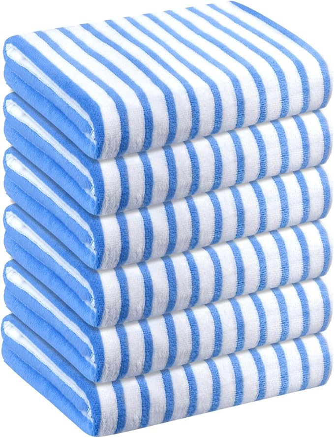 JML Microfiber Beach Towels, Large Bath Towel Set (6 Pack, 27" x 55") - Cabana Stripe - Quick Dry Microfiber Towels for Pool, Bath, Sport, Yoga, Camping, Swimming, Blue-FlexoryFit