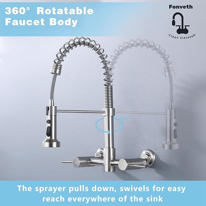 Wall Mount Kitchen Faucet, 8 Inch Center Wall Mount Kitchen Sink Faucet with Pull Down Sprayer Commercial, Brushed Nickel