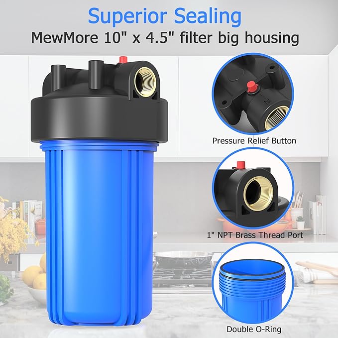 WHB10 Whole House Water Filter Housing, Fit 10"x4.5" Sediment etc Filters for Well and City Water, Big Filter Blue Pre-Filtration System for Home, 1" NPT Port, Pressure Release