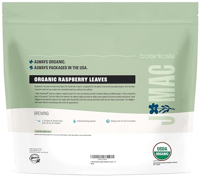 J Mac Botanicals, Organic Red Raspberry Leaf, Herbal tea (16 ounce bag 200+ cups) cut & sifted dried leaf-FlexoryFit