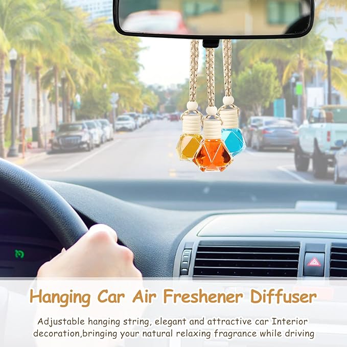 50 Pcs/Set,8ml Hanging Car Air Freshener Diffuser,Empty Clear Glass Essential Oil Fragrance Perfume Diffuser Pendant Glass Vials with Wooden Caps & Hanging String,Diamond Shaped Style