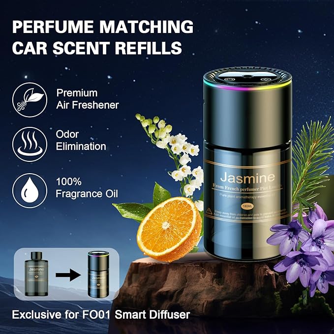Smart Car Air Freshener Diffuser - 270-Day Long-Lasting Essential Oil (6.09oz/180ml), Auto On/Off Sensor, Ultrasonic Dual Modes, Multi-Mode Adjustable, Natural French Fragrance Oils, Jasmine Scent