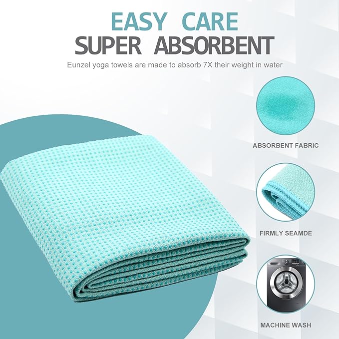 Eunzel Yoga Towel,Hot Yoga Mat Towel with Grip Dots Sweat Absorbent Non-Slip for Hot Yoga, Pilates and Workout 24" x72", Teal-FlexoryFit