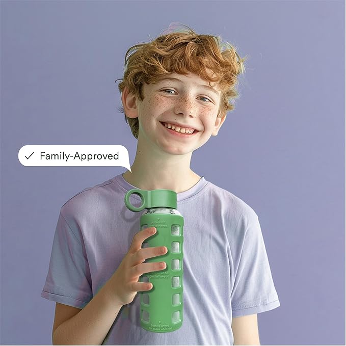 purifyou 40oz / 32oz / 22oz / 12oz Borosilicate Glass Water Bottle with Time & Volume Markers, Silicone Sleeve, Stainless Steel Lid | Reusable Glass Bottle for Water & Juice (12oz Shale Green)