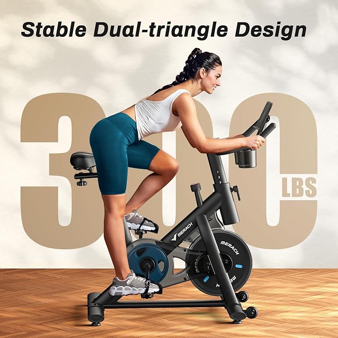 MERACH Exercise Bike, Brake Pad Stationary Bike with Exclusive App, Low Noise Indoor Cycling Bike with 300lbs Weight Capacity, Tablet Mount and Fitness Courses for Weight Loss-FlexoryFit