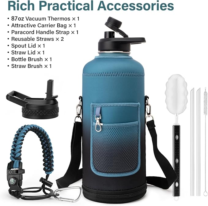 Insulated Water Bottle | Thickened Stainless Steel for Gym and Hiking with Straw, Carrier Bag, Handle Strap | BPA-Free 87 oz-FlexoryFit