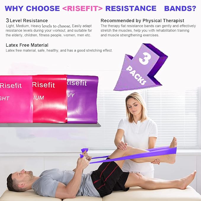 Therapy Flat Resistance Bands Set, Latex Free Flat Elastic Exercise Stretch Bands for Stretching, Flexibility, Pilates, Yoga, Ballet, Gymnastics, Rehab, Workout, Pink, Purple, Blue (3 Pack, 5 FT long)-FlexoryFit