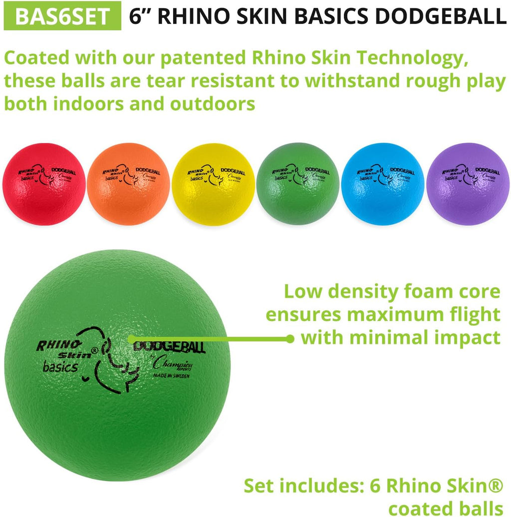 Champion Sports Rhino Skin Dodgeball Set – 6 Soft Foam Dodgeballs with Tear-Resistant Coating, Grip Surface, Low Bounce, Mesh Bag, Indoor & Outdoor Playground or PE Class Ball Set – 6” or 7”