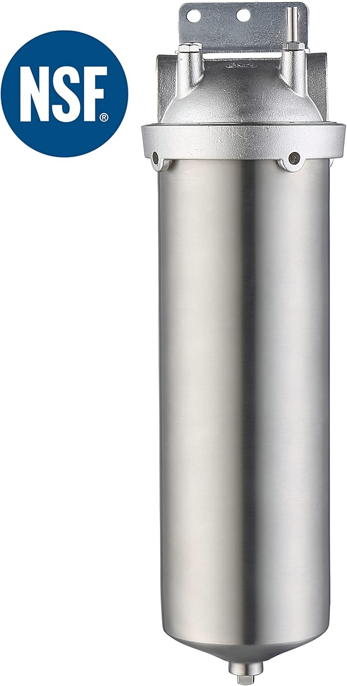 Amwater NSF/ANSI 42 Stainless Steel Whole House Water Filter Housing, 10" x 2.5" Sediment Water Filter System for Heavy Duty, Well & City Water, 1" NPT Port, Drain Valve Style C