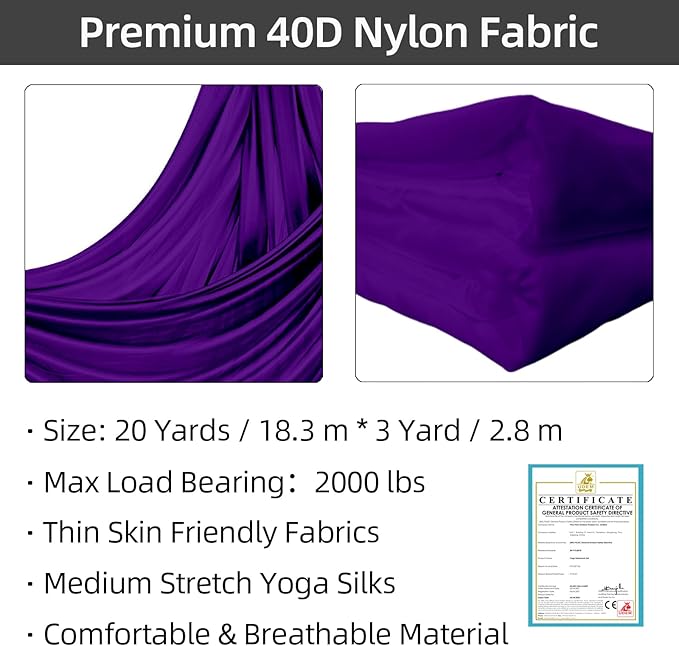 PRIOR FITNESS Aerial Silks Kit Colorful 9/15/20 Yards 40D Nylon Fabric Hammock Set With Hardware & Guide for All Levels Of Aerial Yoga Practice and Acrobatic Flying For Adults Aerial silk-FlexoryFit