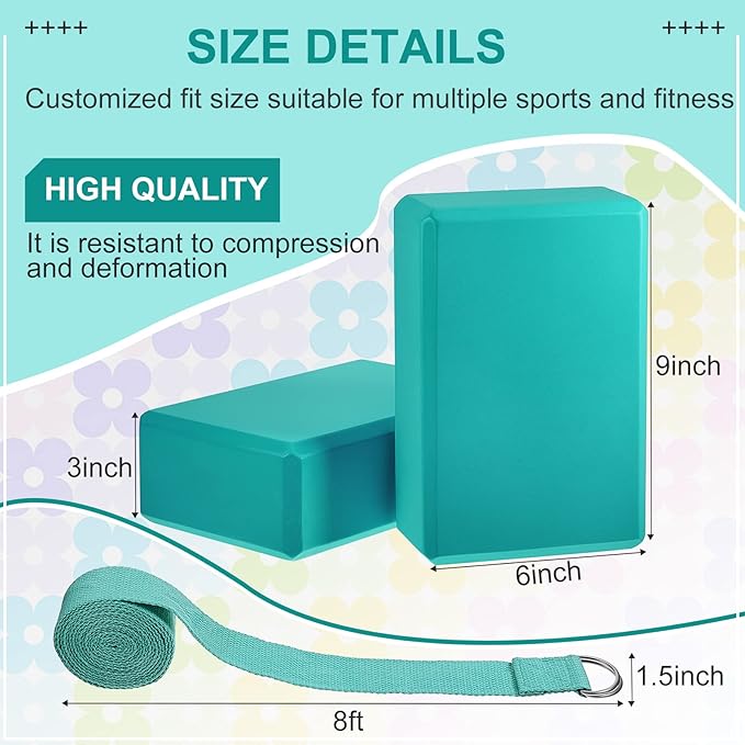 Meooeck 18 Pcs Yoga Block and Strap Set 9 x 6 x 3 Inch EVA Foam Non Slip Brick 8 ft Yoga Straps for Stretching D Ring Design for Back to School Pilates Fitness Workout Exercise-FlexoryFit