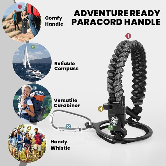 Insulated Water Bottle 32 oz, Triple Wall Vacuum Stainless Steel (Cold for 48 Hrs), Leak Proof & Non-BPA, Modern Water Flask Jug with Paracord Handle & Straw Spout Lids, Dark Grey-FlexoryFit