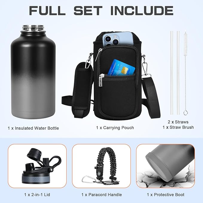 Insulated Water Bottle 64 oz, Half Gallon Water Jug Cold 48H, BPA Free Stainless Steel Bottles with Straw/Chug 2-in-1 Lid, Bag, Paracord Handle, Silicone Boot, Sports Gym School Metal Flask-FlexoryFit