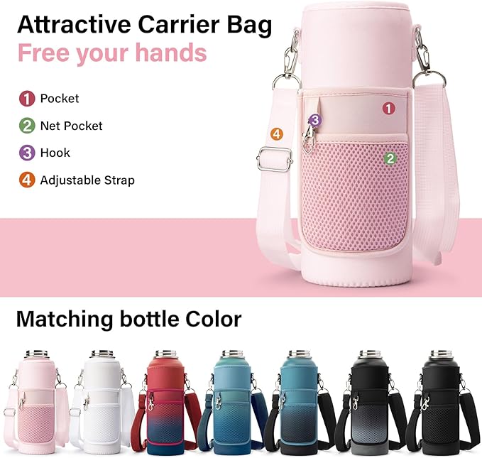 Insulated Water Bottle | Thickened Stainless Steel Vacuum Metal | Portable Sports Water Jug for Gym and Hiking with Straw, Carrier Bag, Handle Strap | BPA-Free 40 oz, Pink-FlexoryFit