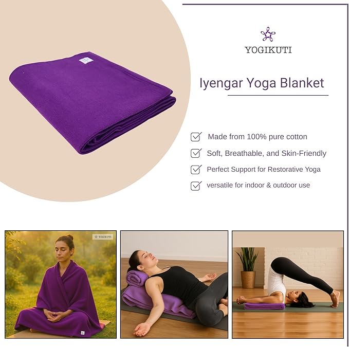 Yogikuti Iyengar Cotton Yoga Blanket Set of One – Thick Handwoven Yoga Blankets for Restorative Yoga, Meditation & Pranayama – Premium Cotton Yoga Blanket for Support & Comfort in Pranayama (Purple)-FlexoryFit