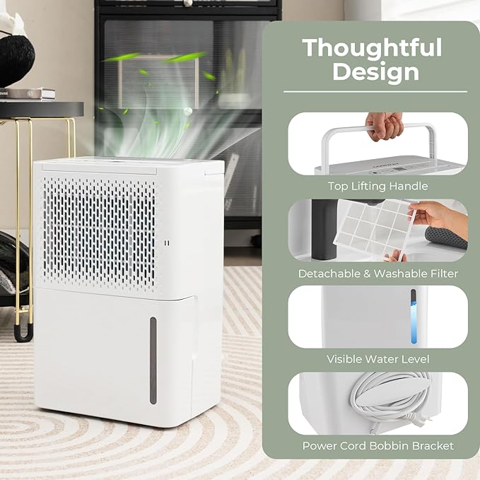 COSTWAY 2000 Sq. Ft Dehumidifier for Basement, 32 Pint Quiet & Energy Efficient Dehumidifier with Continuous/Drying/Auto Mode, 24H Timer, Drain Hose & Portable Handle for Bathroom Bedroom