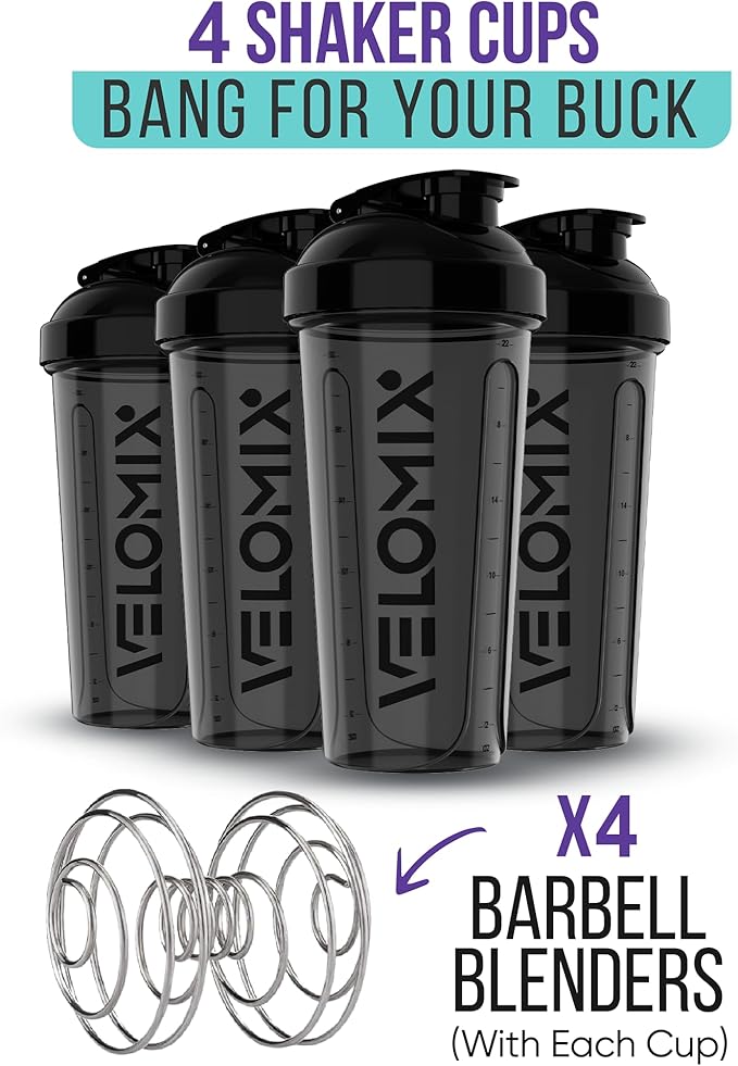 '-4 PACK- 28 oz Protein Shaker Bottle for Protein Mixes - 4x Wire Whisk | Leak Proof Shaker Cups for Protein Shakes | Protein Shaker Bottle Pack | Protein Shake Cup(All in Black)-FlexoryFit