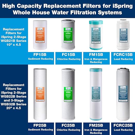 iSpring WGB21BM 2-Stage Whole House Water Filtration System, 10” x 4.5” Carbon Block and Iron & Manganese Reducing Filters, 1" Ports