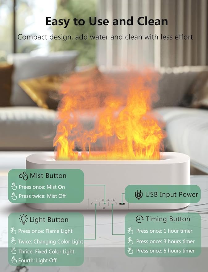 Flame Air Diffuser, Humidifier, Essential Oil Diffuser - 7 Colors, 180mL Capacity (8 Hours), Noiseless Operation, Auto-Off Protection - Perfect for Home Bedroom Office Gifts(White)