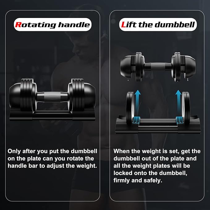 Adjustable Dumbbell,22LBS 44LBS 52LBS Dumbbell Set with Tray for Fitness, Fast Adjust Weight by Turning Anti-Slip Handle, Safety with 8 Lock Slots, Suitable for Men and Women-FlexoryFit