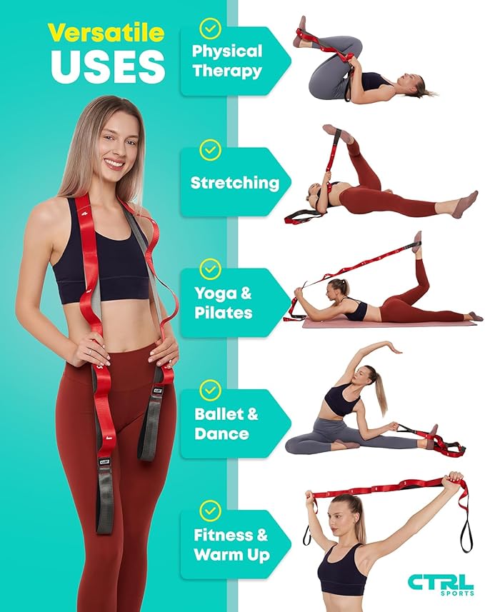 Stretching Strap with Loops - Non Elastic Stretch Band for Physical Therapy, Yoga Strap for Stretching Equipment, Stretch Bands for Exercise and Flexibility - Fascia, Hamstring & Leg Stretcher Belt-FlexoryFit